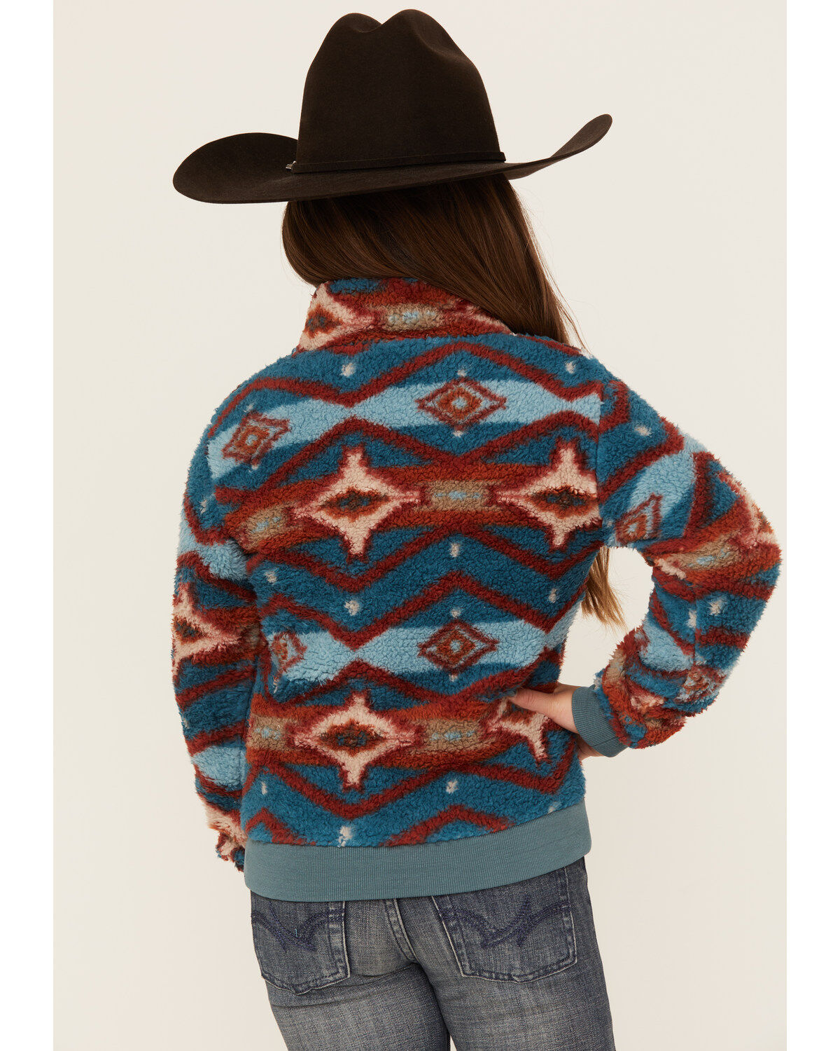 Image #4 - Rock & Roll Denim Girls' Southwestern Print Sherpa Pullover, Blue, hi-res