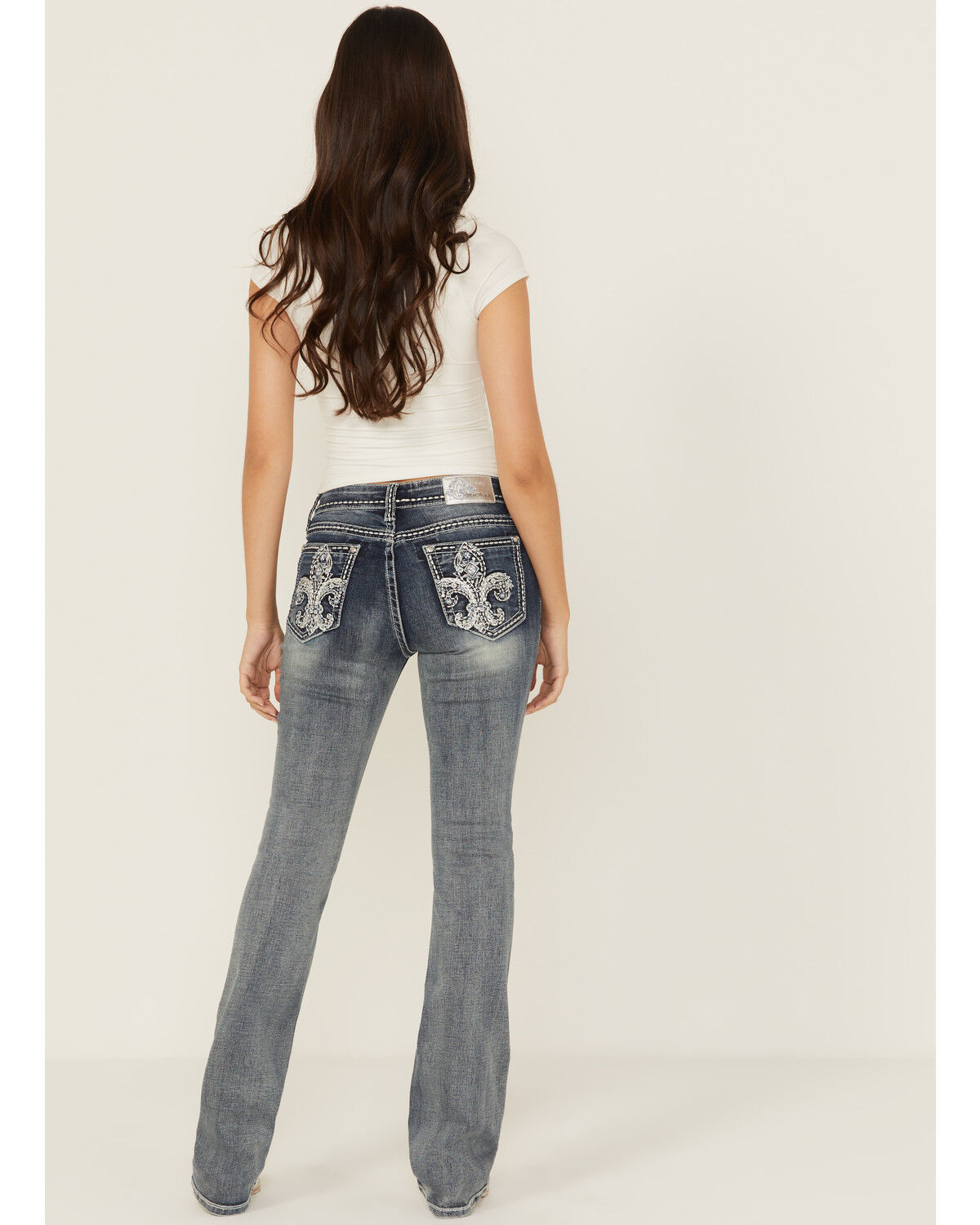 Grace In LA Women´s Medium Wash Fleur De Lis Embroidered Mid Rise Bootcut Stretch DenimJeans