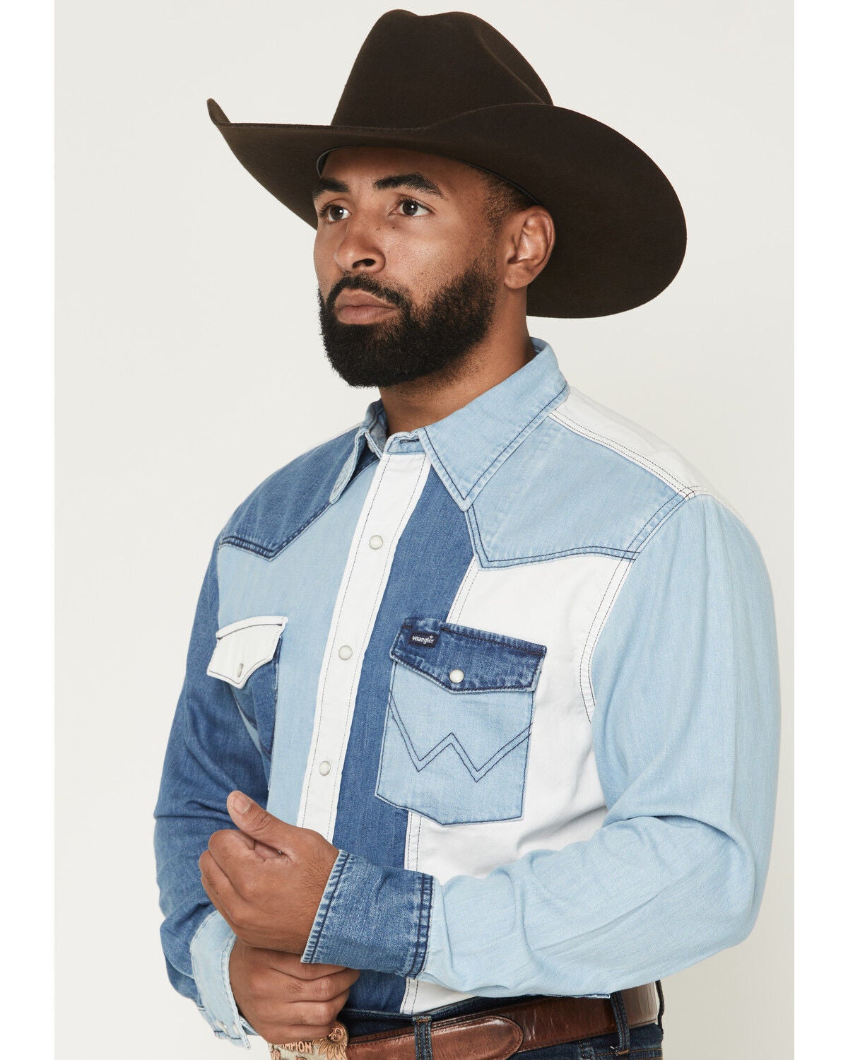 Image #2 - Wrangler Men's Brushpopper Denim Block Long Sleeve Snap Western Shirt, , hi-res