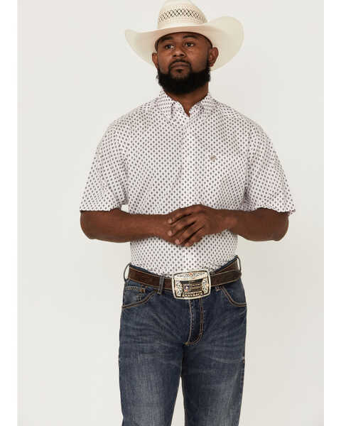 Ariat Men's WF Deion Southwestern Geo Print Short Sleeve Button-Down Western Shirt , Pink, hi-res