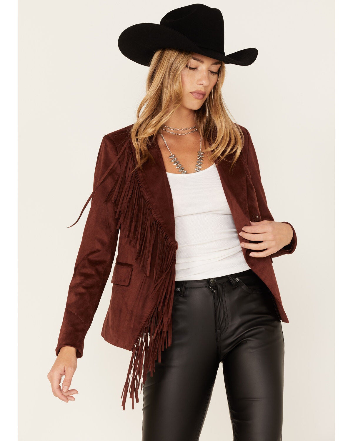 Shyanne Women's Fringe Faux Suede Blazer, Chestnut, hi-res