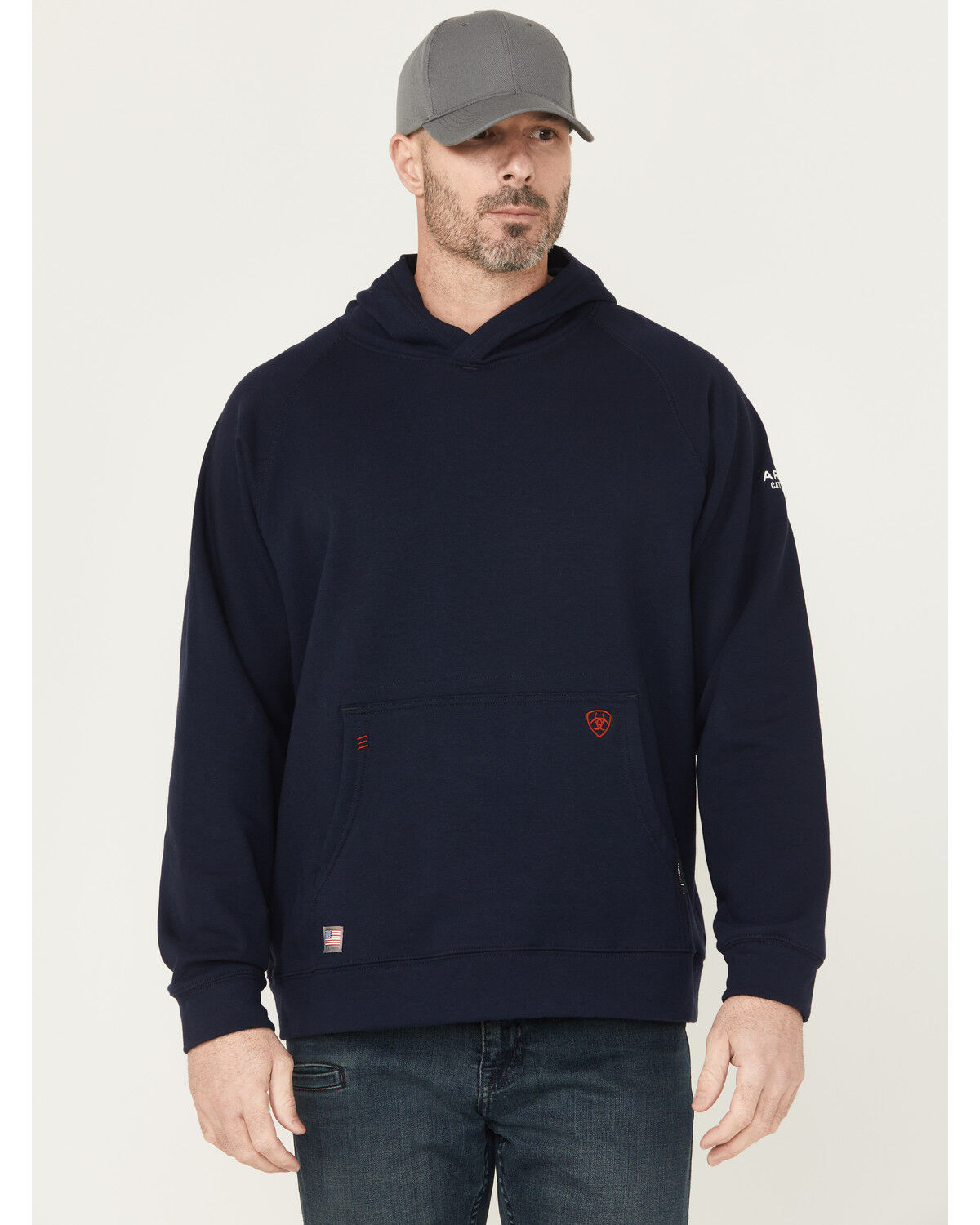 Image #2 - Ariat Men's FR Durastretch Work Hard Live Free Hooded Sweatshirt, Navy, hi-res