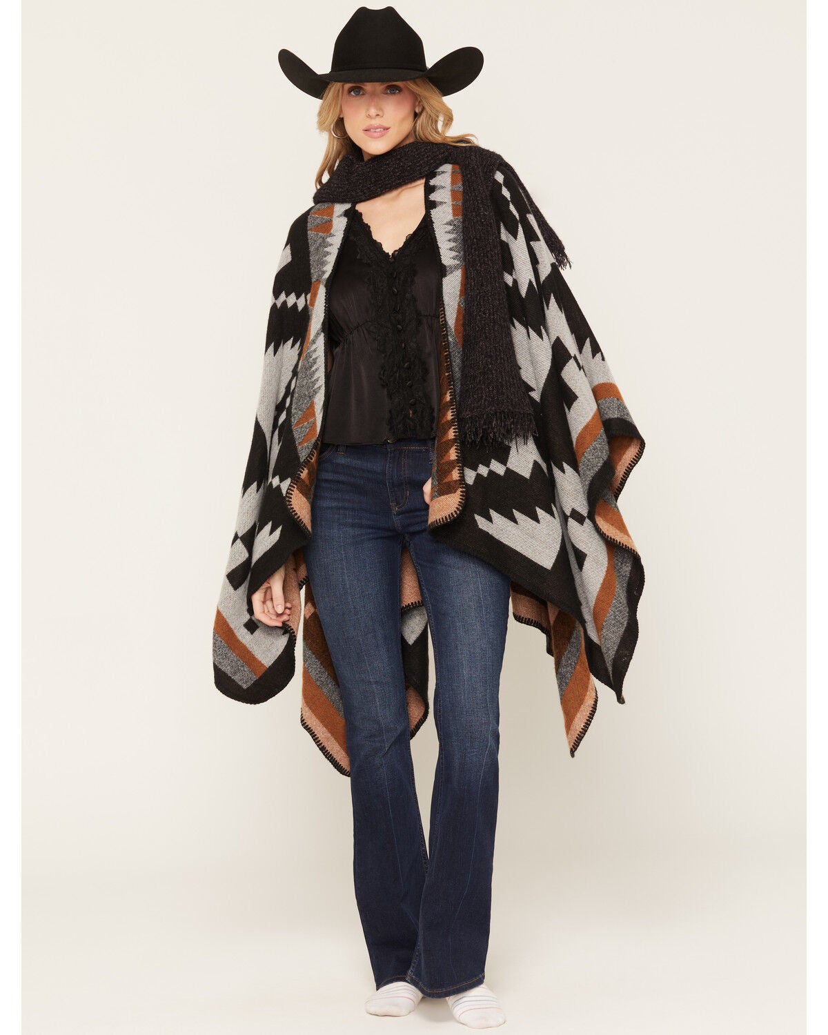 Shyanne Women's Garnet Southwestern Print Shawl, Black, hi-res