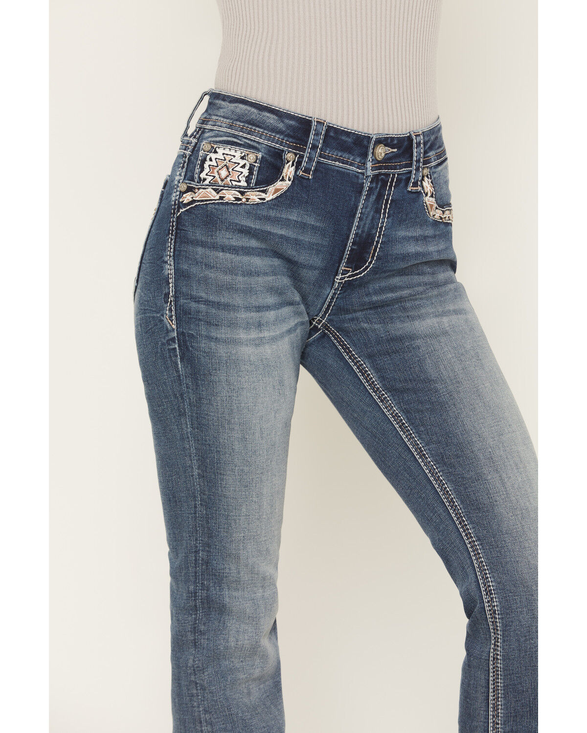 Image #4 - Grace in LA Women's Medium Wash Mid Rise Embellished 30" Bootcut Stretch Denim Jeans, Medium Wash, hi-res