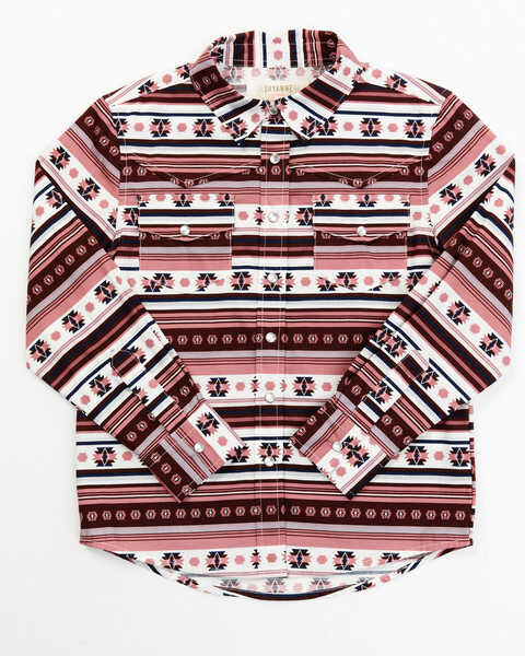 Shyanne Toddler Girls' Southwestern Printed Stripe Long Sleeve Pearl Snap Shirt, Burgundy, hi-res
