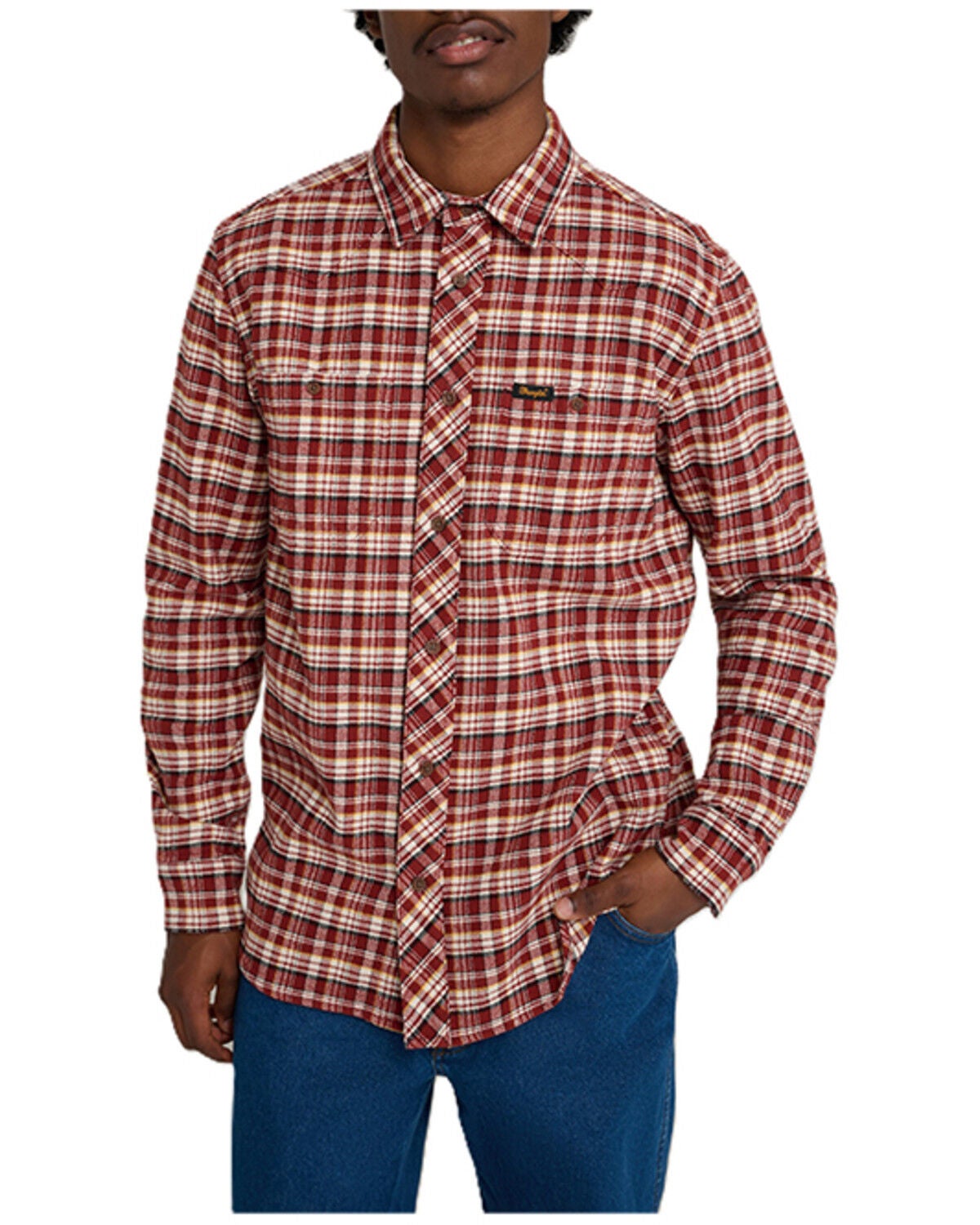 Wrangler X Stranger Things Men's Will Plaid Print Long Sleeve Button-Down Flannel Shirt, Brick Red, hi-res