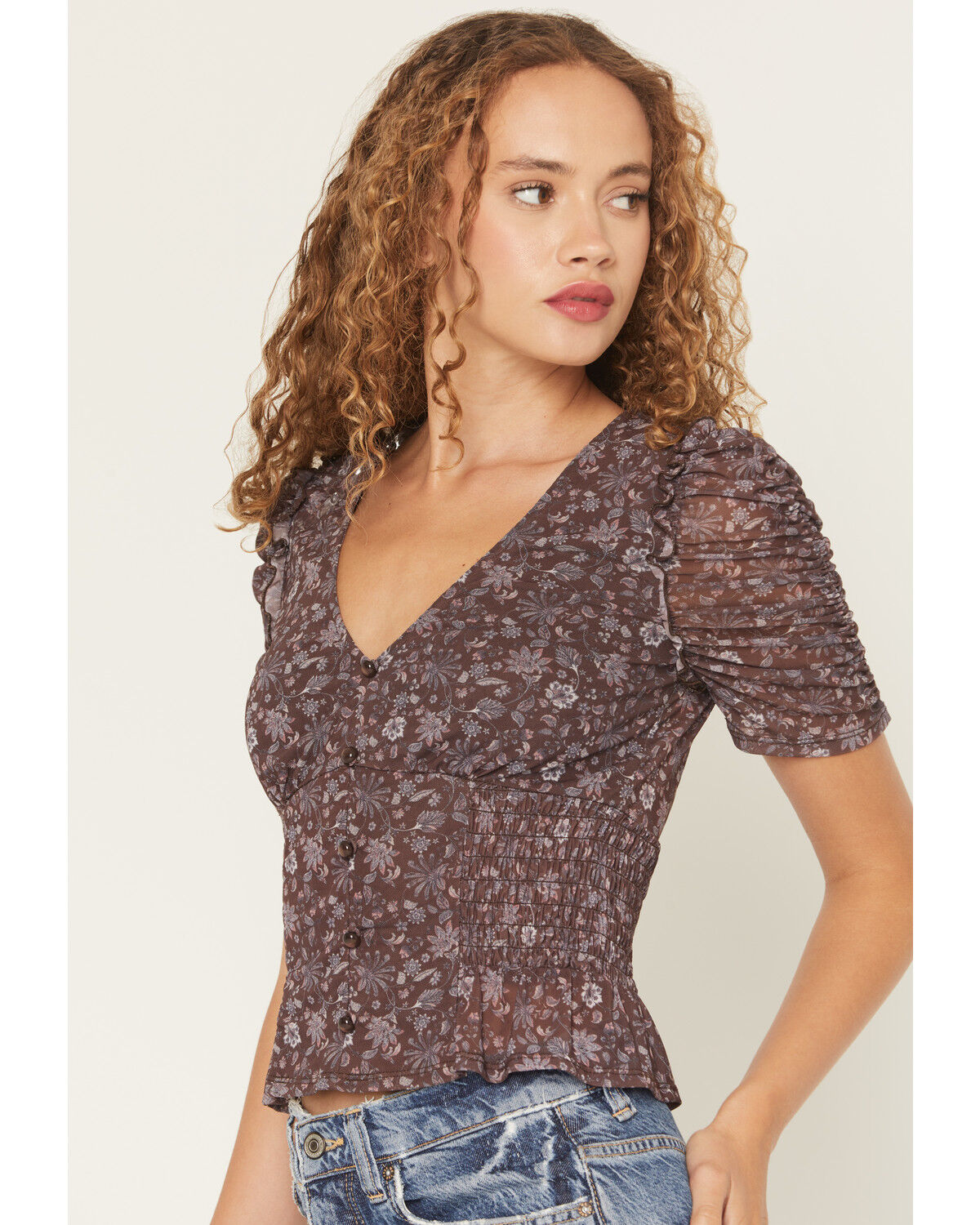 Image #2 - Trixxi Women's Floral Print Quarter Sleeve Mesh Top, Black, hi-res