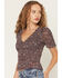 Image #2 - Trixxi Women's Floral Print Quarter Sleeve Mesh Top, Black, hi-res