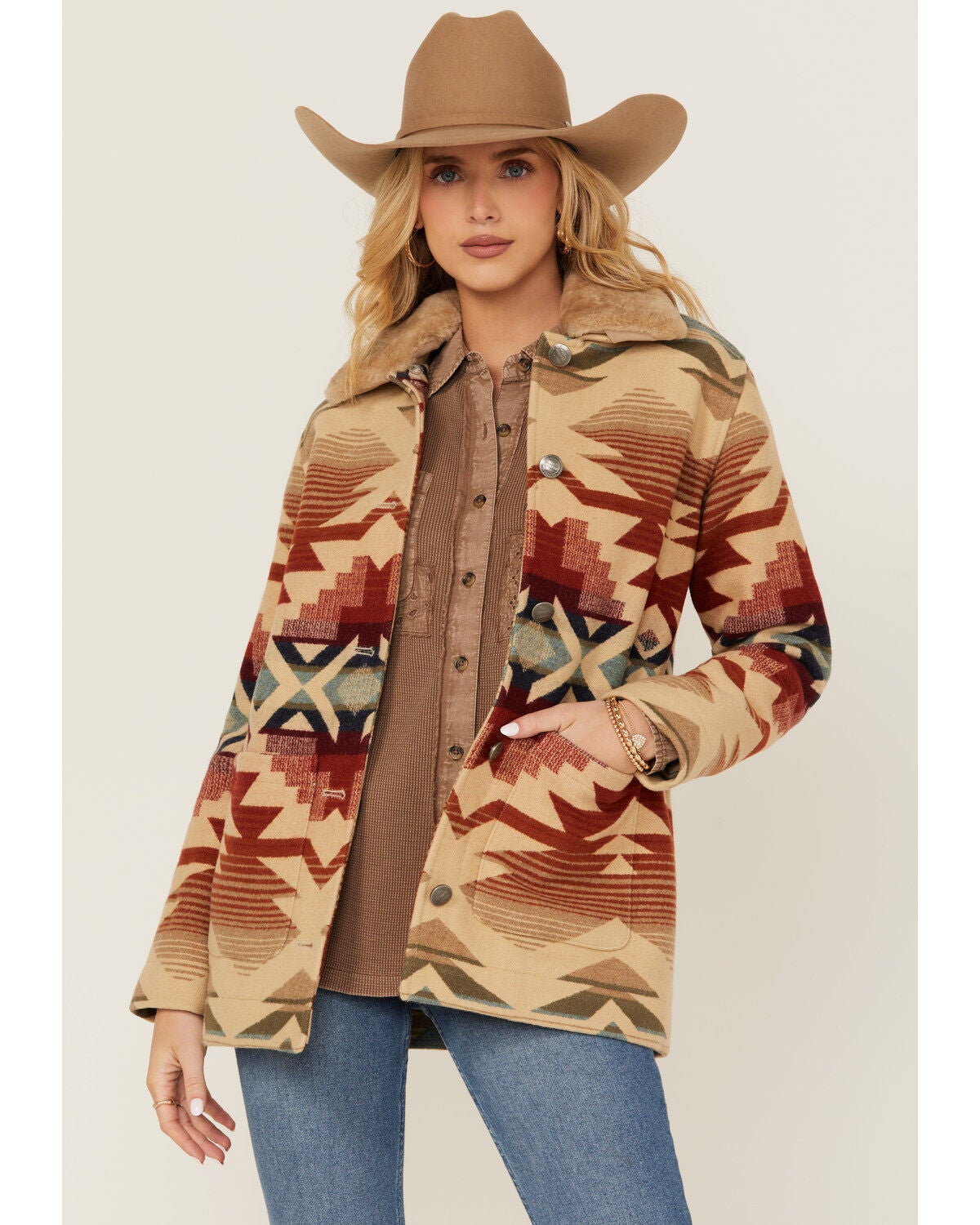 Pendleton Women's Sherpa Collar Printed Coat, Tan, hi-res