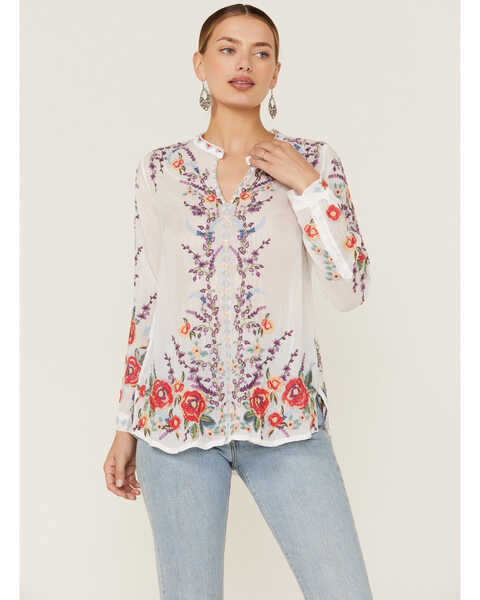 Johnny Was Women's Yasmine Embroidered Long Sleeve White Blouse, White, hi-res