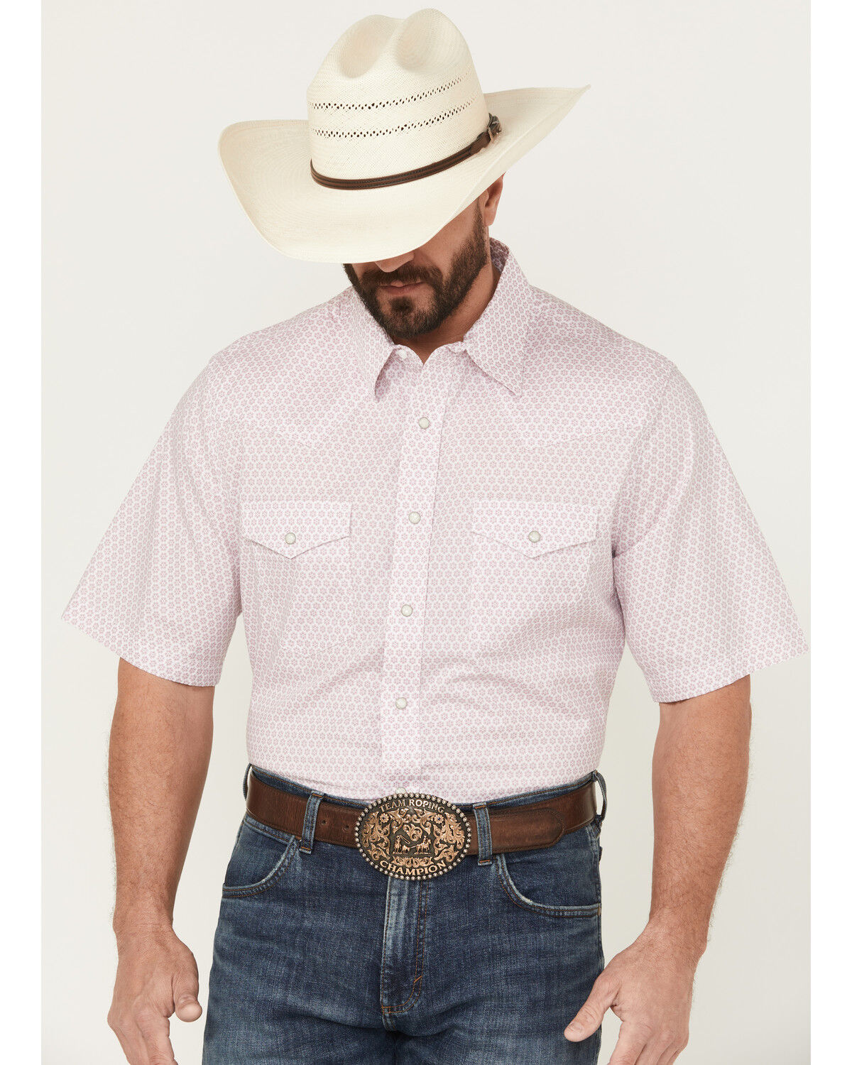 Image #1 - Wrangler Men's 20X Geo Print Short Sleeve Snap Stretch Western Shirt, White, hi-res