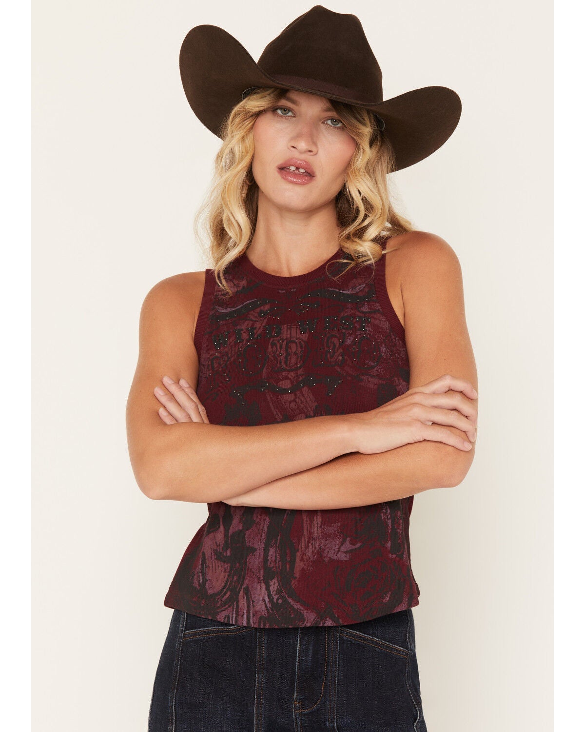 Shyanne Women's Conversational Horse Print Graphic Tank, Maroon, hi-res