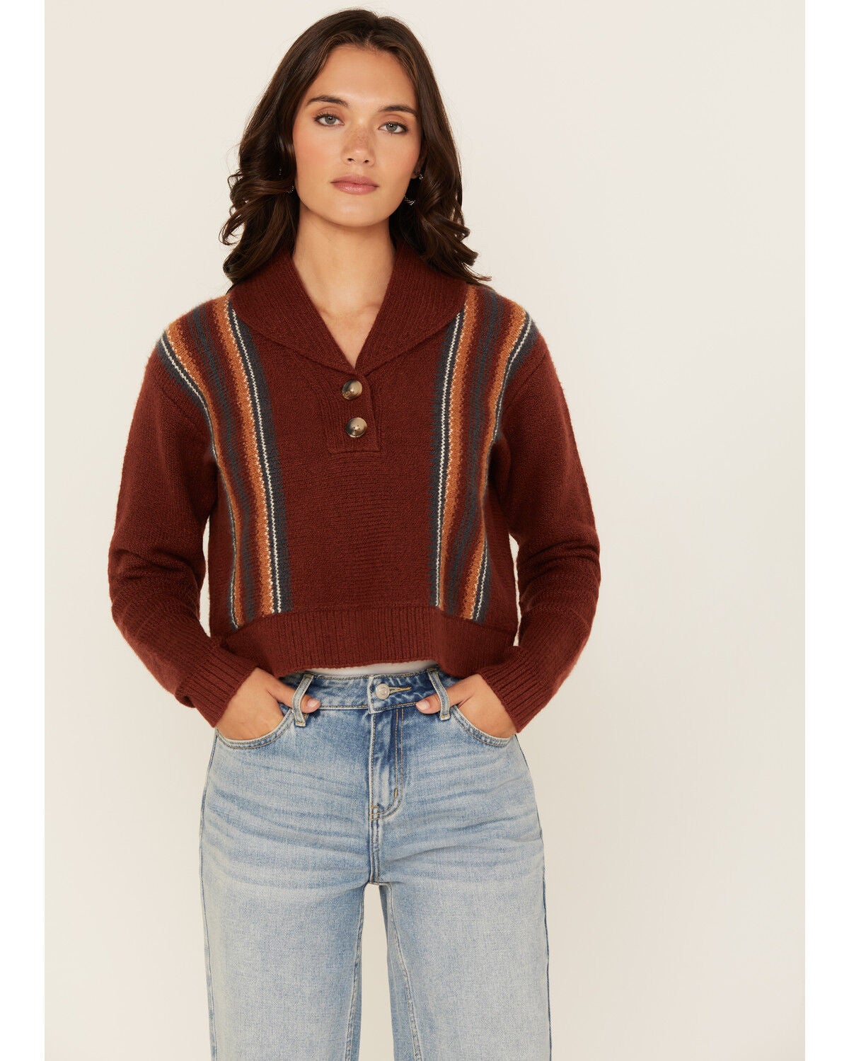 Cleo + Wolf Women's Collette Striped Print Long Sleeve Sweater, Brandy Brown, hi-res