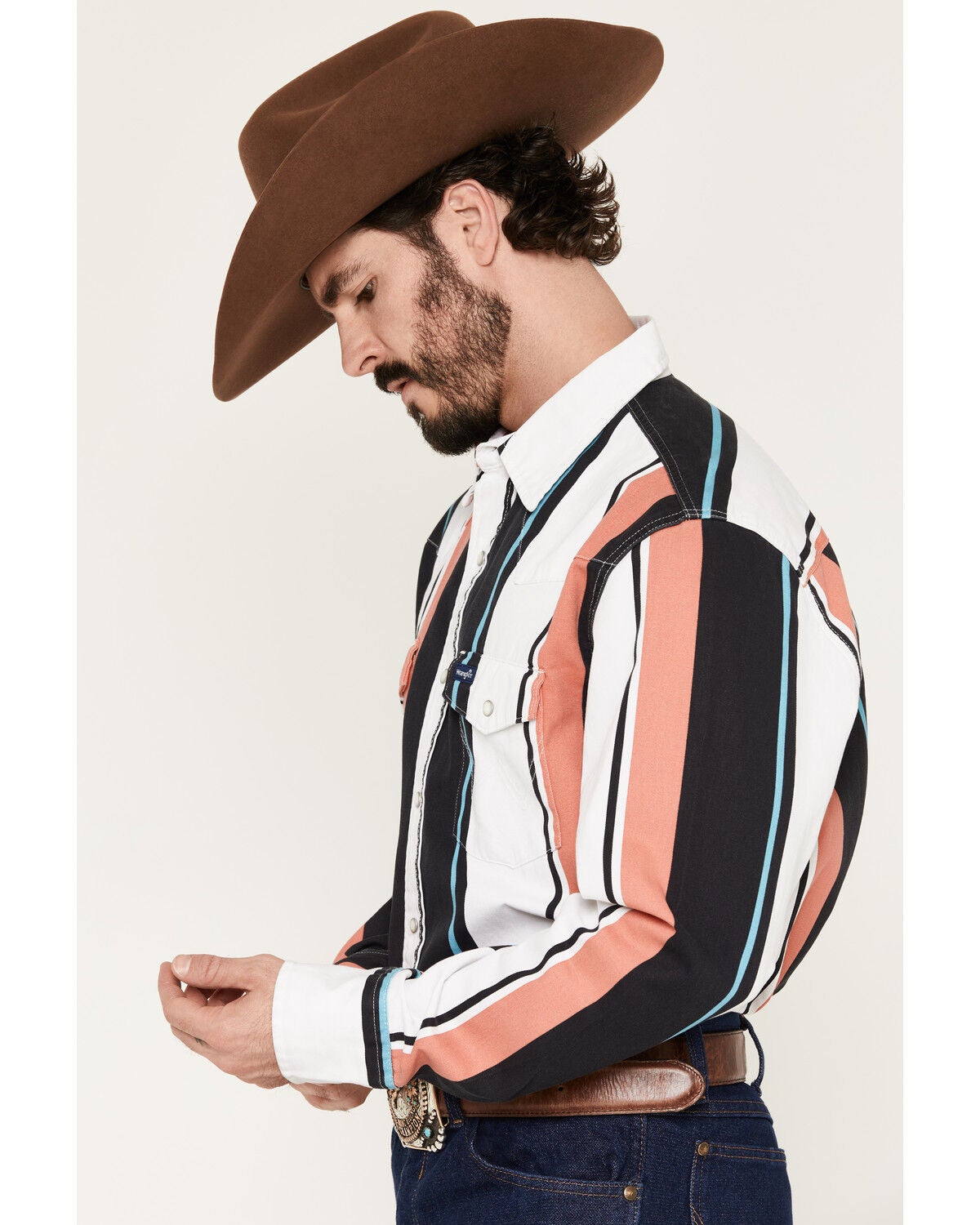 Image #2 - Wrangler Men's Brushpopper Striped Long Sleeve Snap Western Shirt, Black, hi-res
