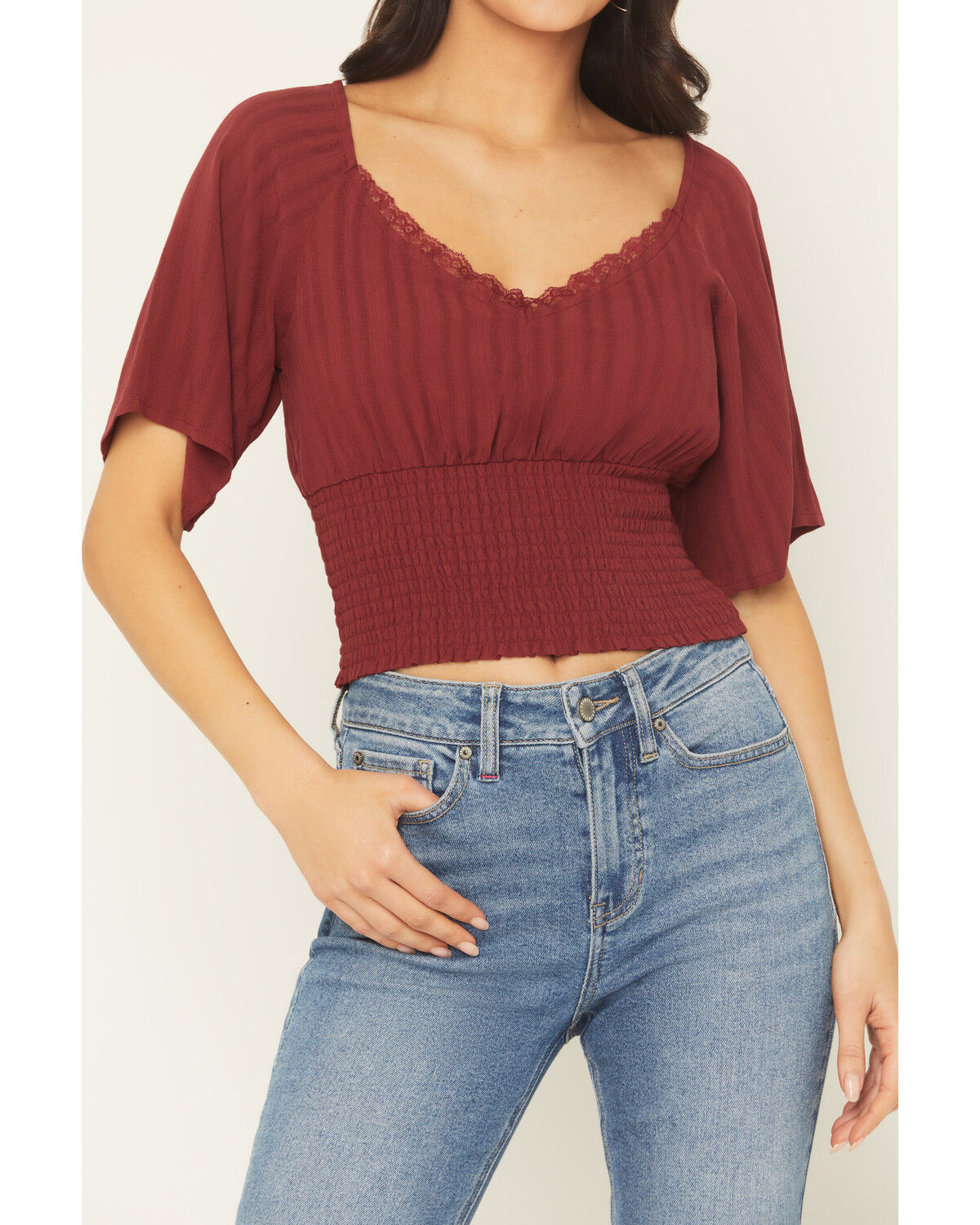 Image #4 - Idyllwind Women's Ridley Solid Short Sleeve Crinkle Shirt, Cherry, hi-res