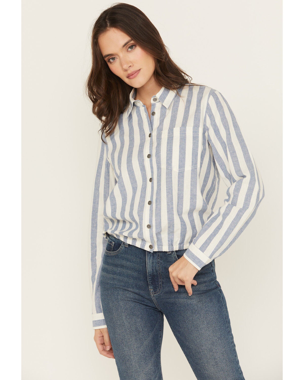 Cleo + Wolf Women's Erica Striped Print Long Sleeve Button-Down Western Shirt, Steel Blue, hi-res