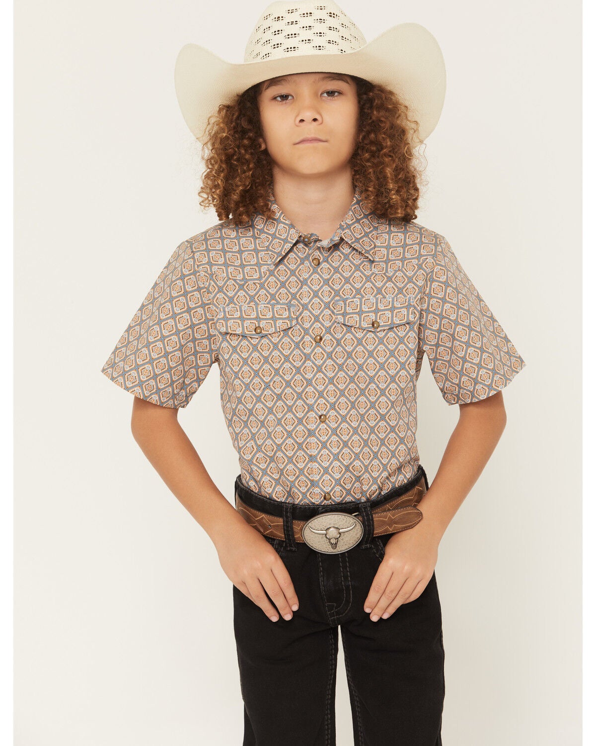 Gibson Trading Co Boys' Floyd Geo Print Short Sleeve Snap Western Shirt, Blue, hi-res