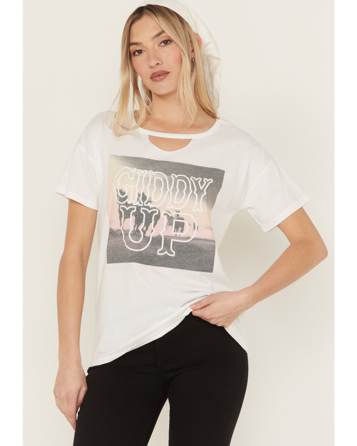 Blended Women's Giddy Up Photo Short Sleeve Graphic Tee, White, hi-res