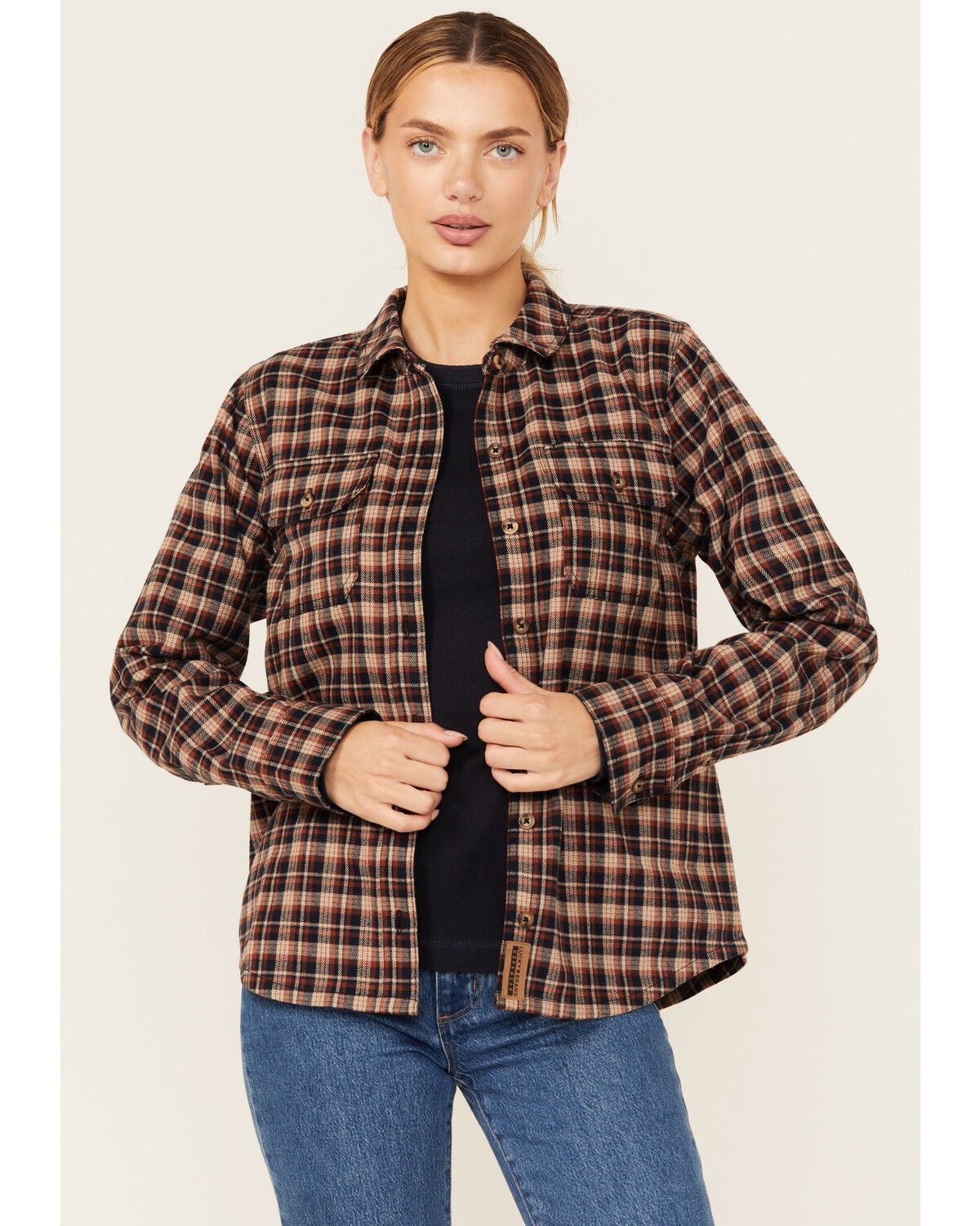 Lucky Brand Workwear Women's Graceland Plaid Print Long Sleeve Button-Down Flannel Shirt, Brandy Brown, hi-res