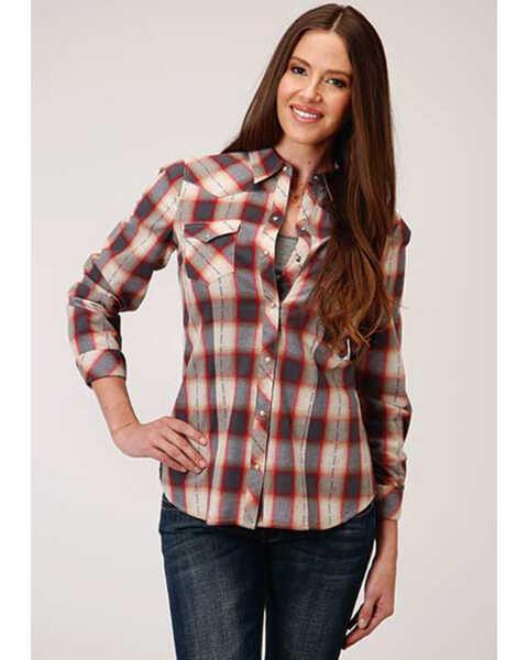 Roper Women's Red & Charcoal Dobby Plaid Long Sleeve Snap Western Core Shirt - Plus, Red, hi-res