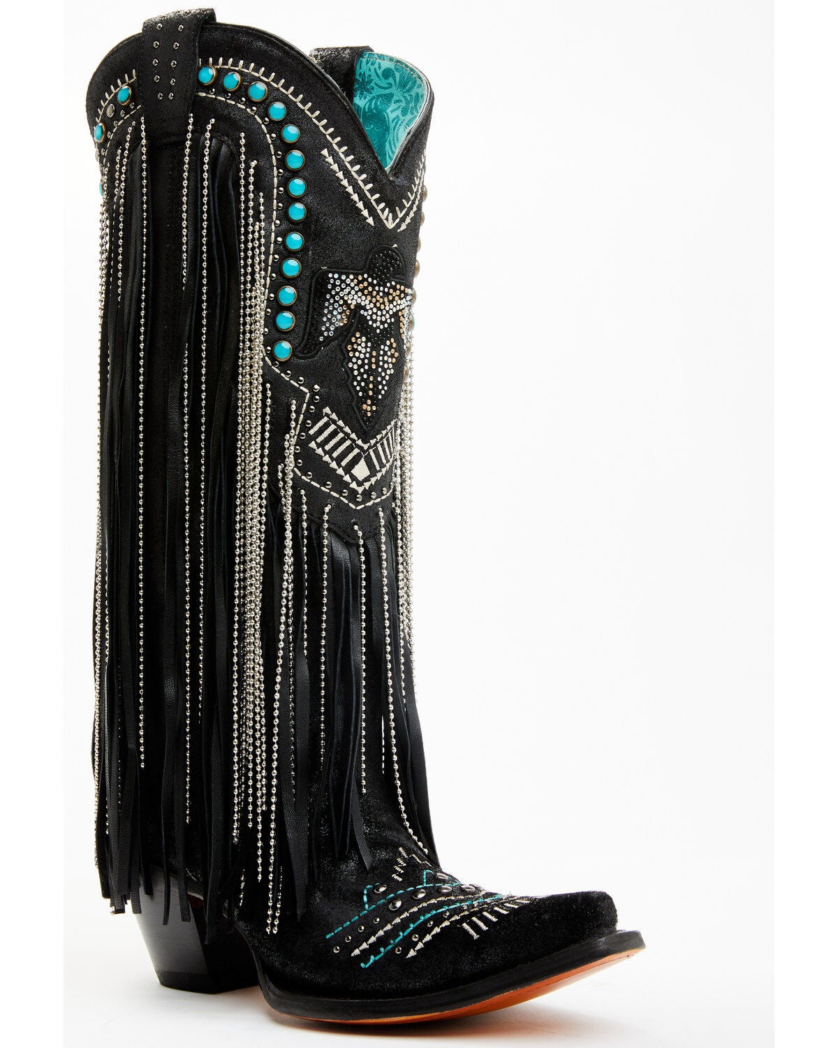 Corral Women's Embroidered and Crystal Eagle Fringe Western Boots - Snip Toe, Black, hi-res
