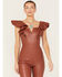 Flying Tomato Women's Faux Leather Flare Jumpsuit, Rust Copper, hi-res