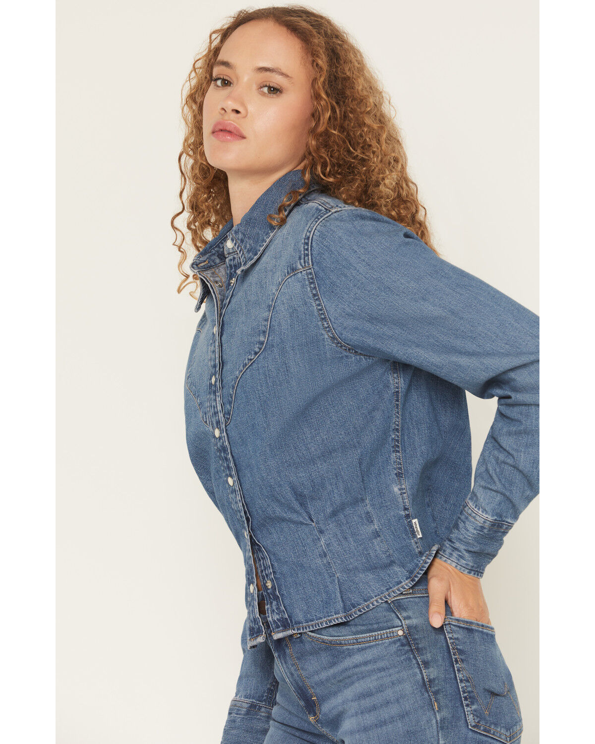 Image #2 - Wrangler Women's Medium Wash Peplum Long Sleeve Snap Denim Shirt, Medium Wash, hi-res