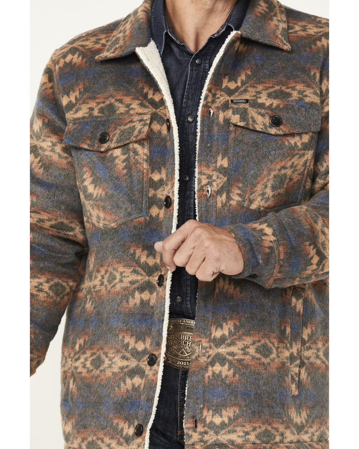 Image #3 - Rock & Roll Denim Men's Southwestern Sherpa Lined Shirt Jacket, , hi-res