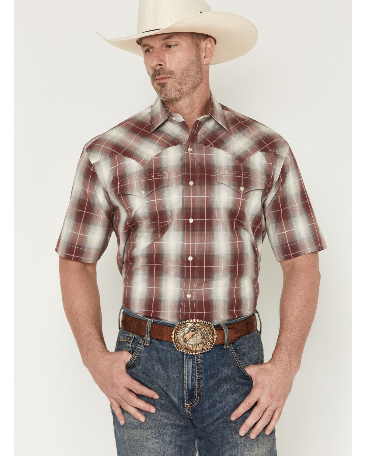 Stetson Men's Plaid Print Short Sleeve Snap Western Shirt, Burgundy, hi-res