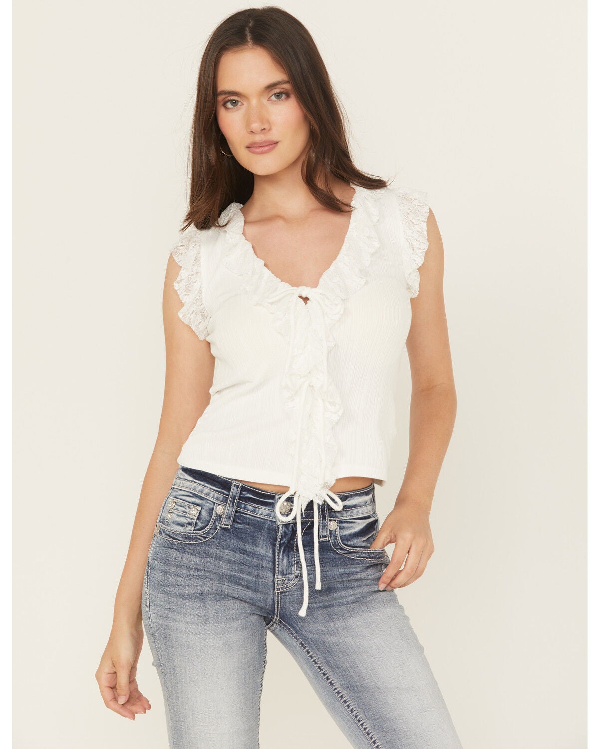 Miss Me Women's Ruffle Sleeveless Tie-Front Tank Top, White, hi-res