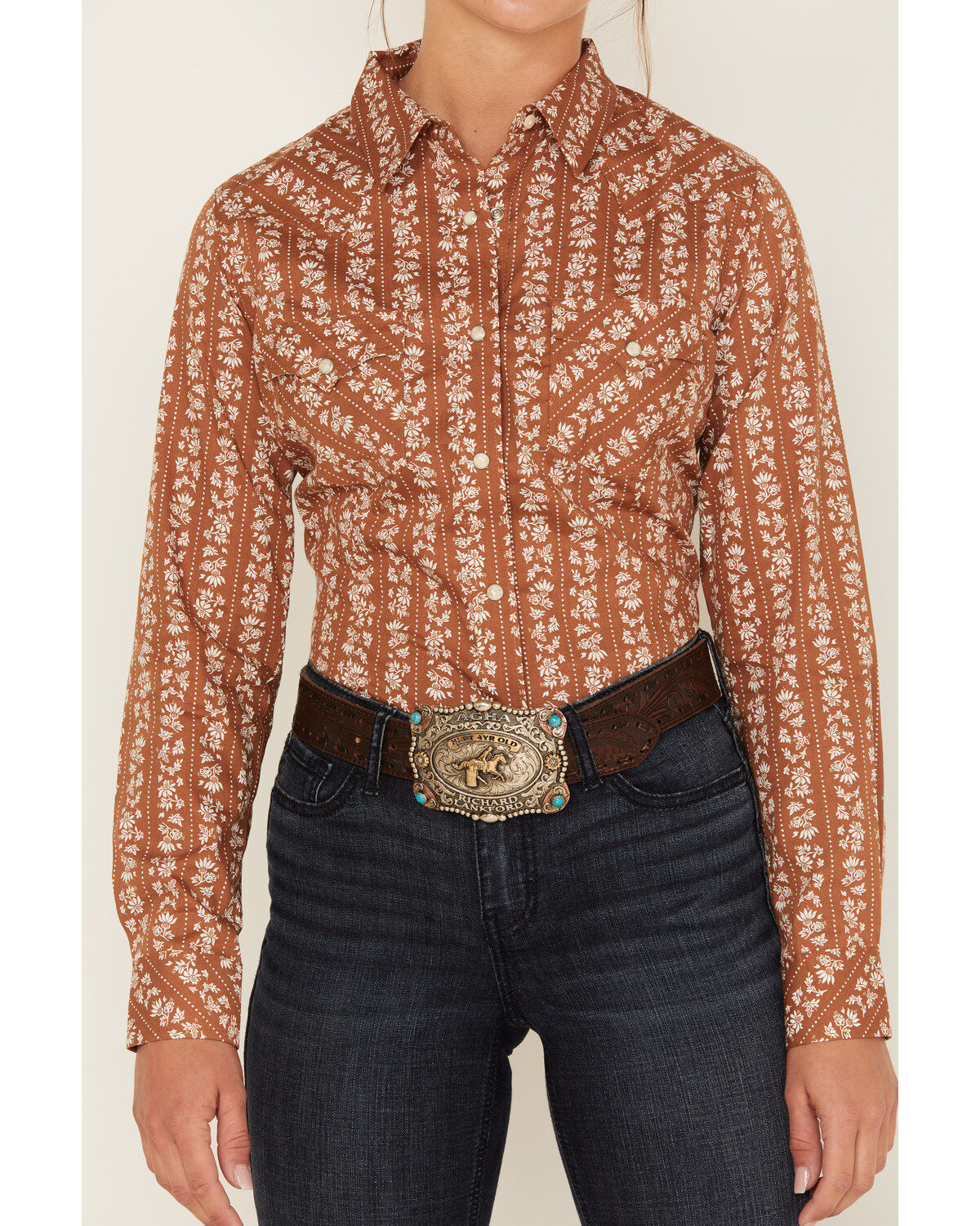 Image #3 - Wrangler Women's Boot Barn Exclusive Floral Dot Stripe Print Long Sleeve Western Pearl Snap Shirt, Rust Copper, hi-res