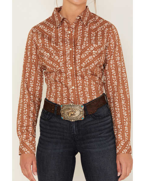 Image #3 - Wrangler Women's Floral Dot Stripe Print Long Sleeve Western Pearl Snap Shirt, Rust Copper, hi-res