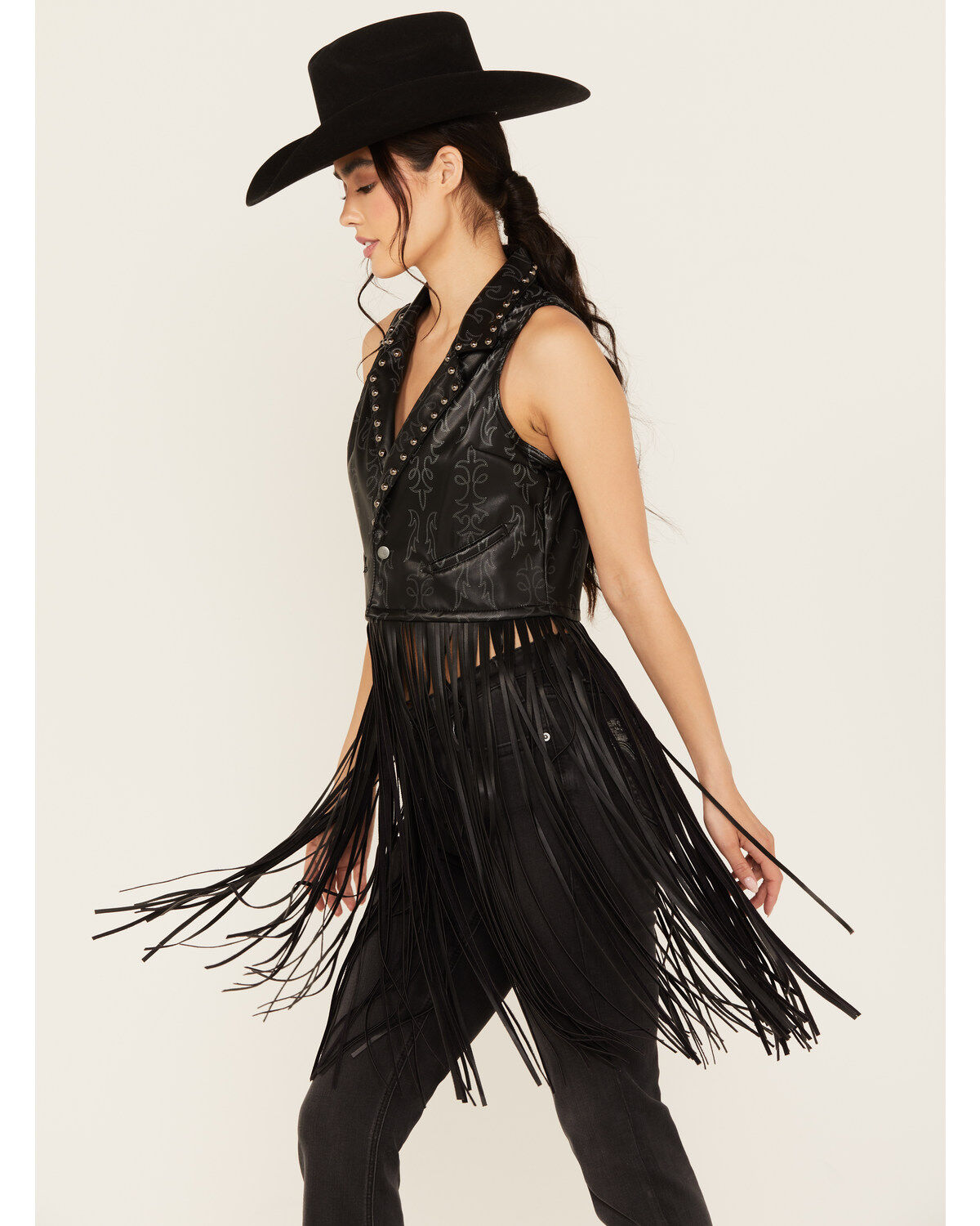 Image #2 - Rock & Roll Denim Women's Embellished Long Fringe Vest, , hi-res