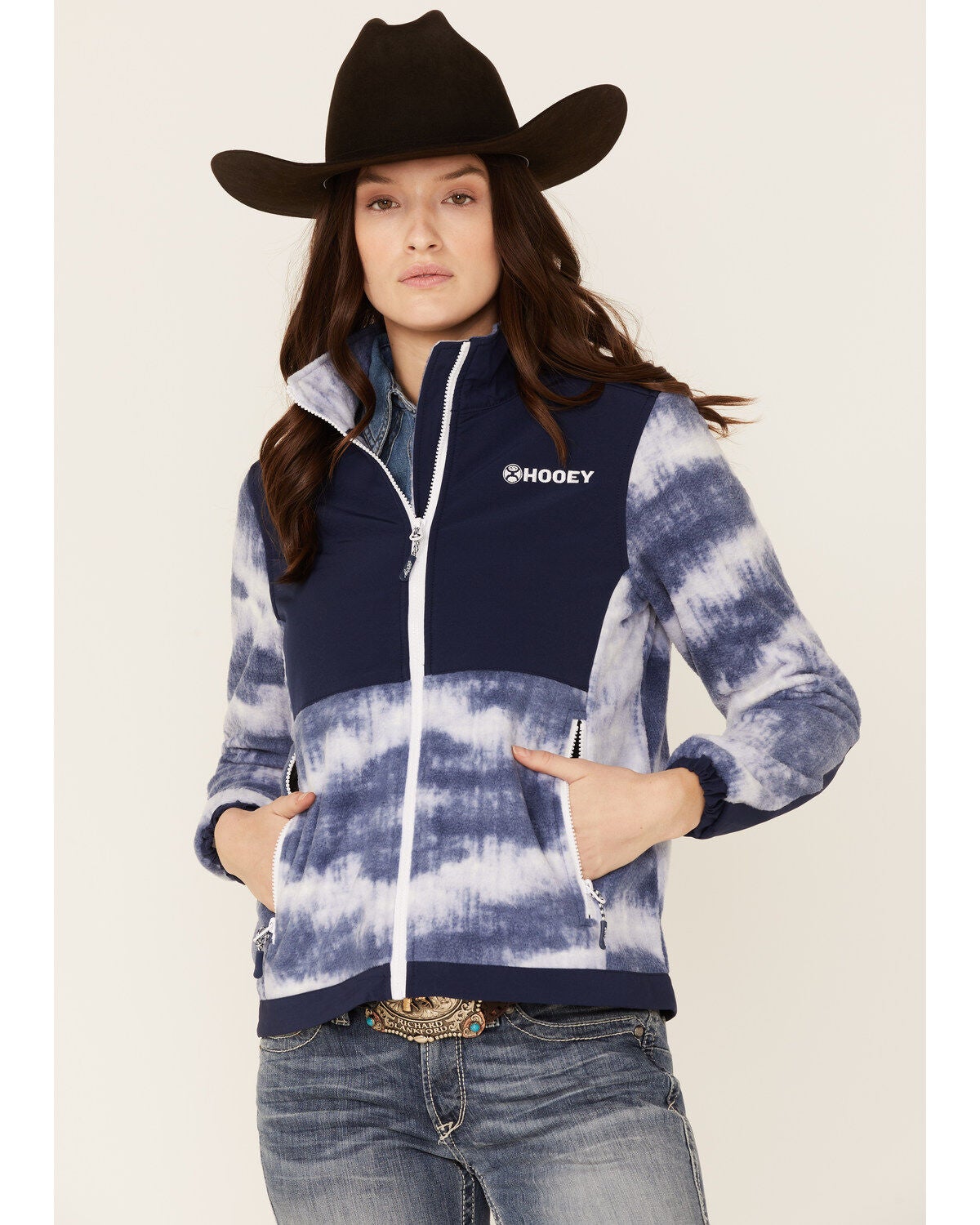Hooey Women's Solid Print Color Block Zip-Front Tech Jacket, Navy, hi-res
