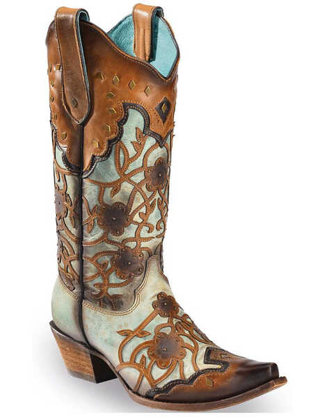 Corral Women's Floral Overlay and Studs Snip Toe Western Boots, Brown, hi-res