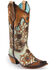 Image #1 - Corral Women's Floral Overlay and Studs Snip Toe Western Boots, Brown, hi-res
