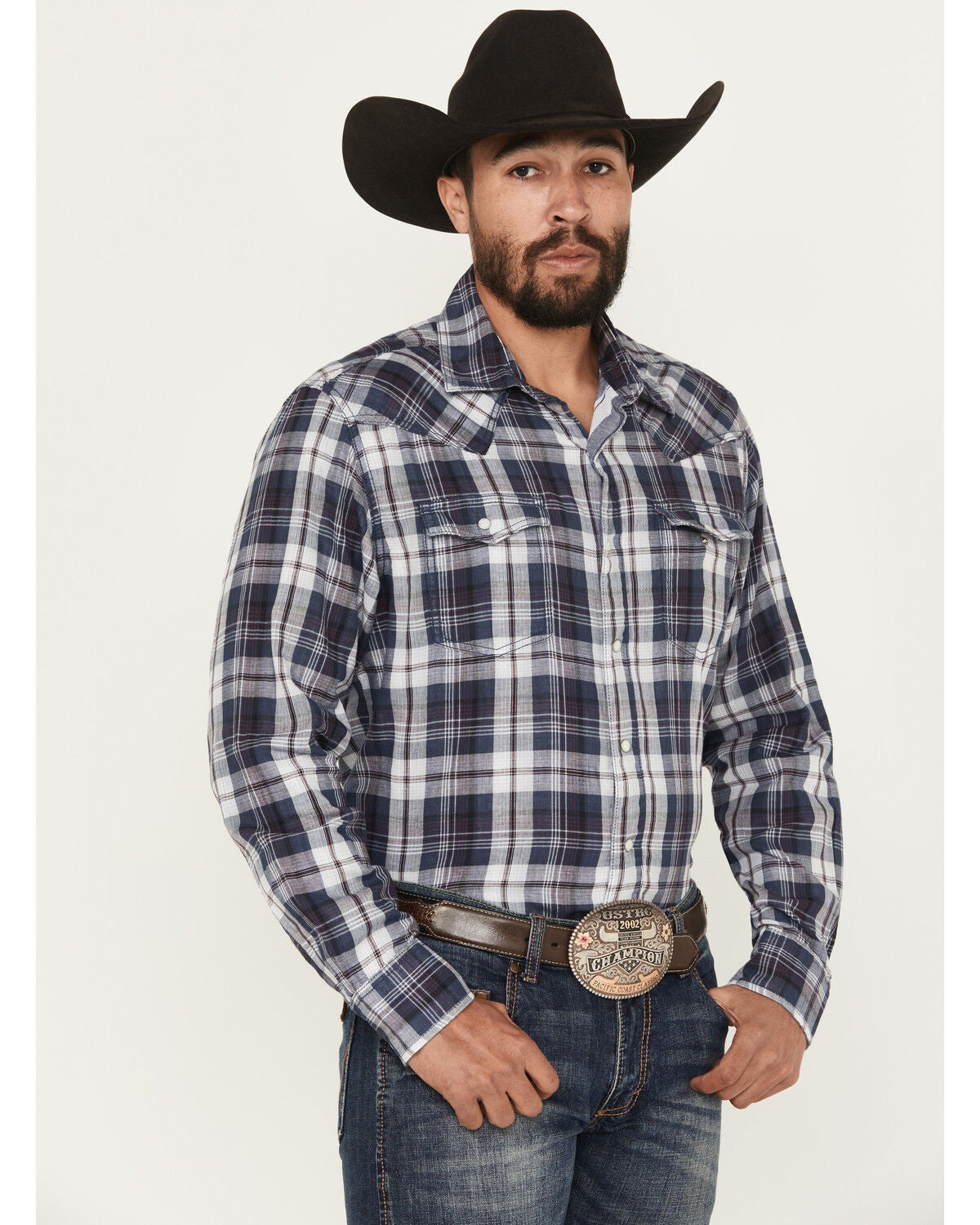 Wrangler Retro Men's Plaid Print Long Sleeve Snap Western Shirt, Dark Blue, hi-res