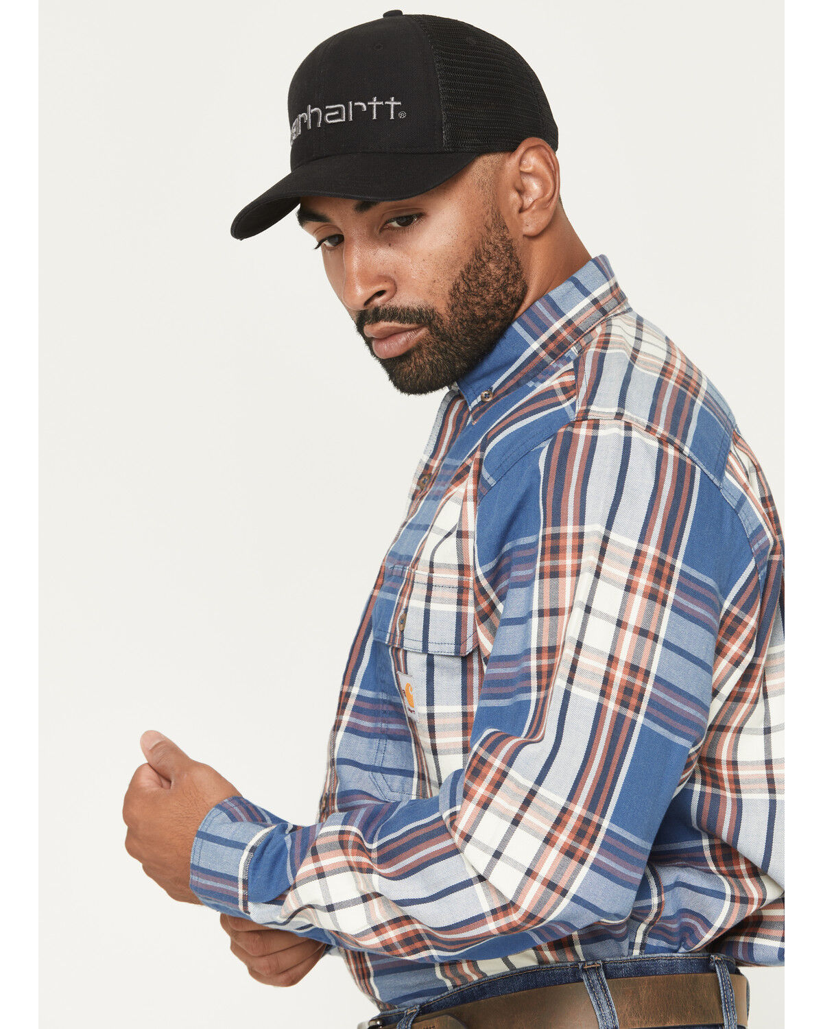 Image #2 - Carhartt Men's FR Force® Loose Fit Twill Plaid Print Long Sleeve Button-Down Work Shirt, Dark Blue, hi-res