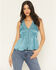 Image #1 - Shyanne Women's Satin Lace Trim Sleeveless Button-Down Tank Top, Turquoise, hi-res