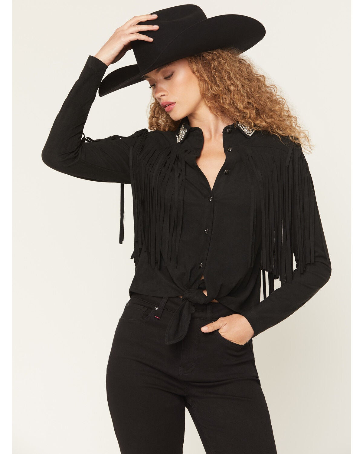 Idyllwind Women's Twinpines Faux Suede Fringe Embellished Long Sleeve Button-Down Western Shirt, Black, hi-res