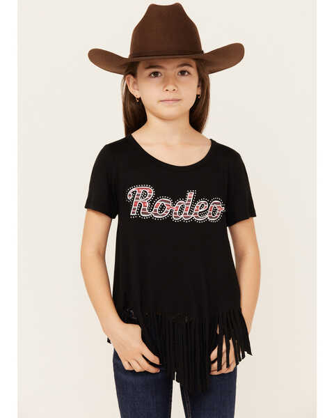 Cowgirl Hardware Girls' Rodeo Fringe Short Sleeve Tee , Black, hi-res