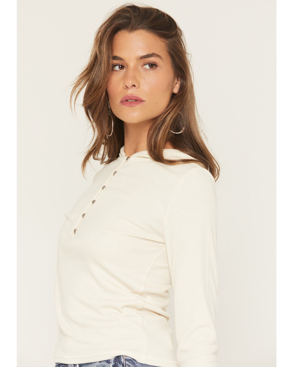Image #2 - Shyanne Women's Zelma Henley Hooded Long Sleeve Top, Sand, hi-res
