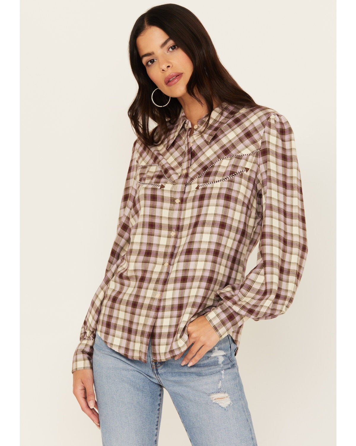 Shyanne Women's Plaid Print Long Sleeve Button-Down Western Shirt, Cream, hi-res