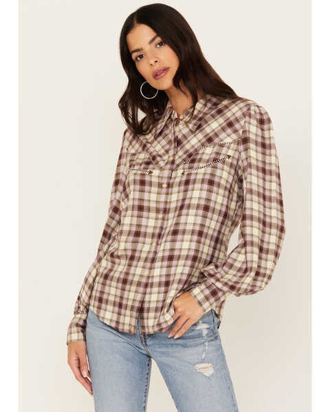 Shyanne Women's Plaid Print Long Sleeve Button-Down Western Shirt , Cream, hi-res