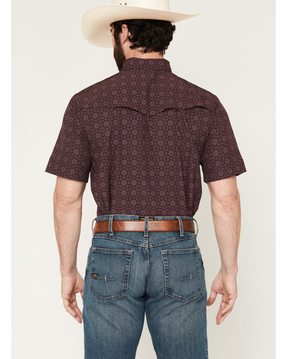 Image #4 - Ferrell Men's Fletcher Medallion Print Short Sleeve Snap Stretch Western Shirt, Burgundy, hi-res