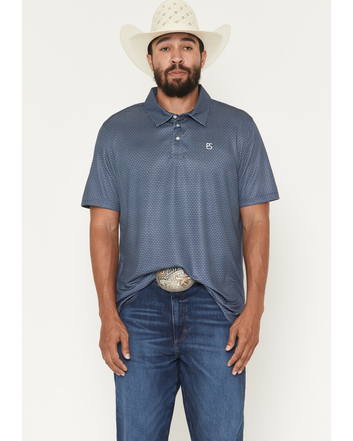 Image #1 - Panhandle Slim Men's Geo Print Short Sleeve Snap Polo Shirt, Navy, hi-res