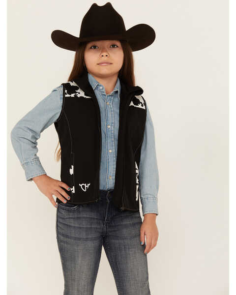 Cowgirl Hardware Girls' Cow Print Yoke Poly Shell Vest, Black, hi-res