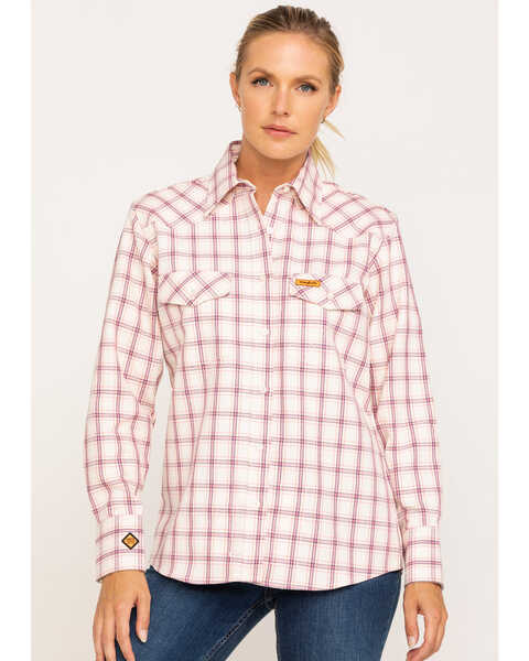 Image #1 - Wrangler Women's Pink FR Plaid Shirt , , hi-res