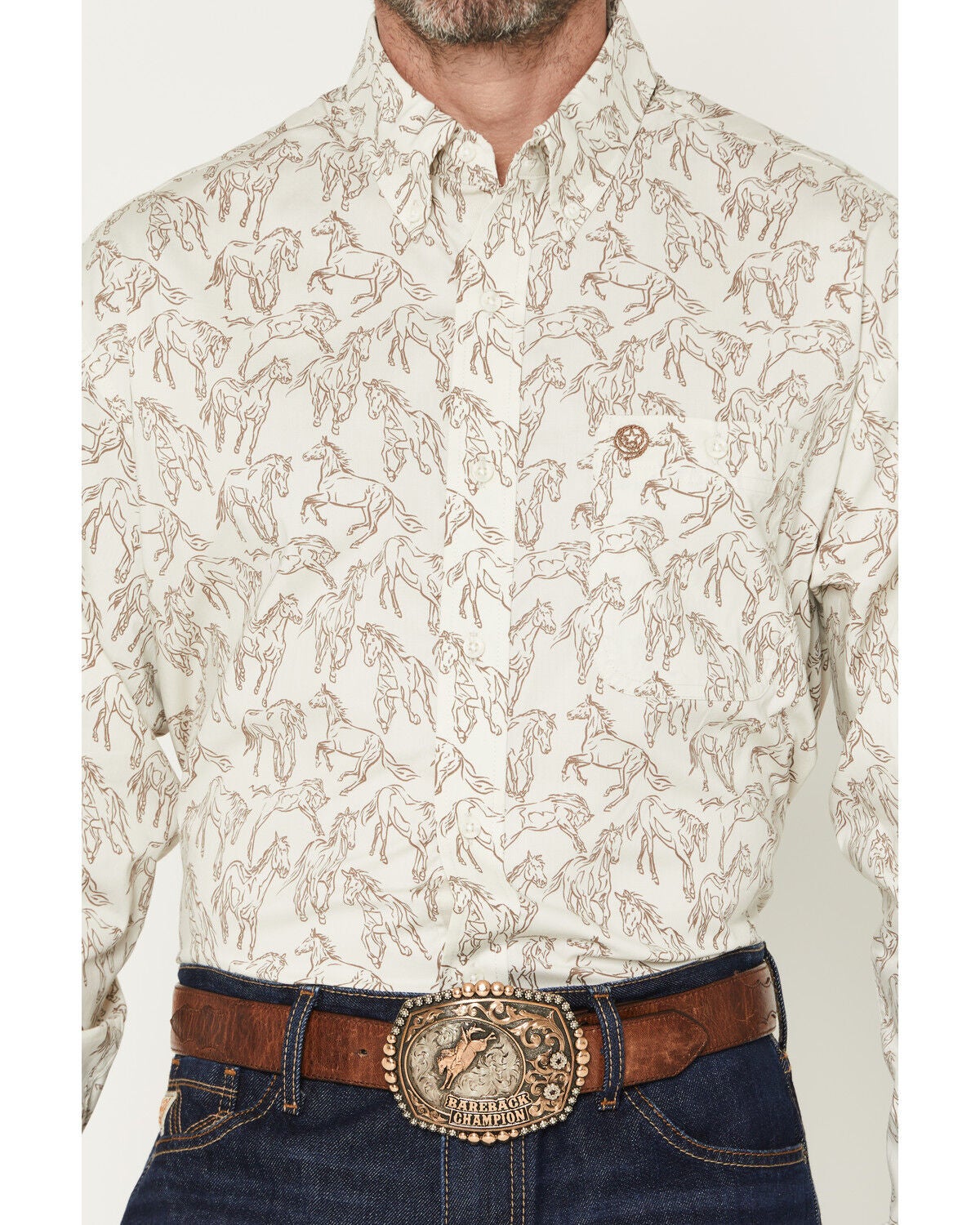 Image #3 - George Strait by Wrangler Men's Horse Print Long Sleeve Button-Down Stretch Western Shirt - Tall, Tan, hi-res