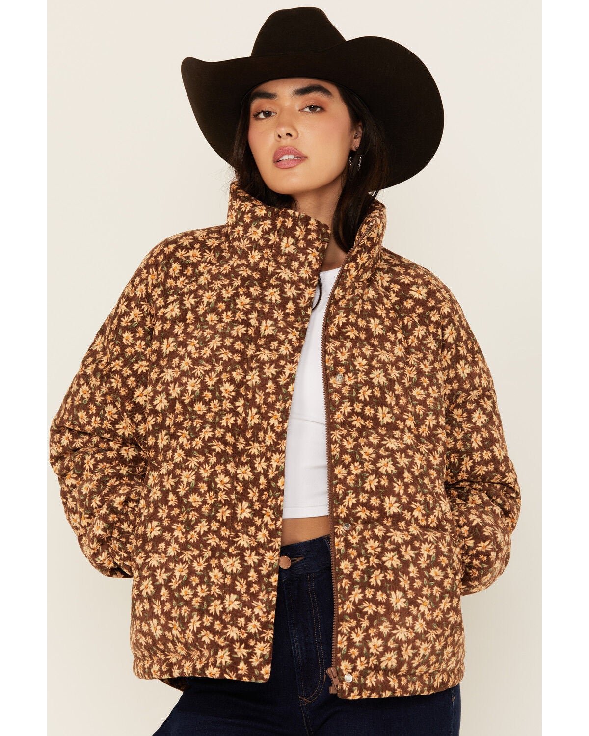 Sadie & Sage Women's Floral Puffer Jacket, Brown, hi-res